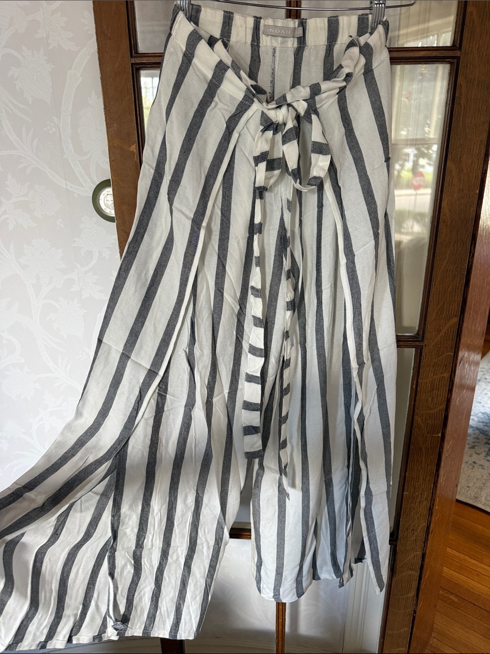 Black and White Striped Set with strapless breezy top with self tie wrap pants.
